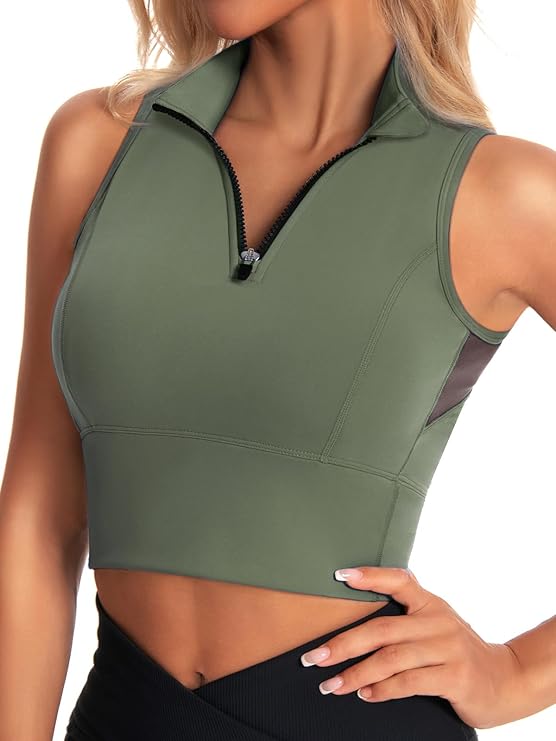 Half-Zip Stand-up Collar Crop Tank