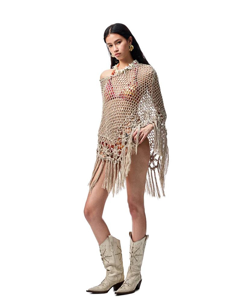 Hollow Out One-Piece Fringed Knit Shrug
