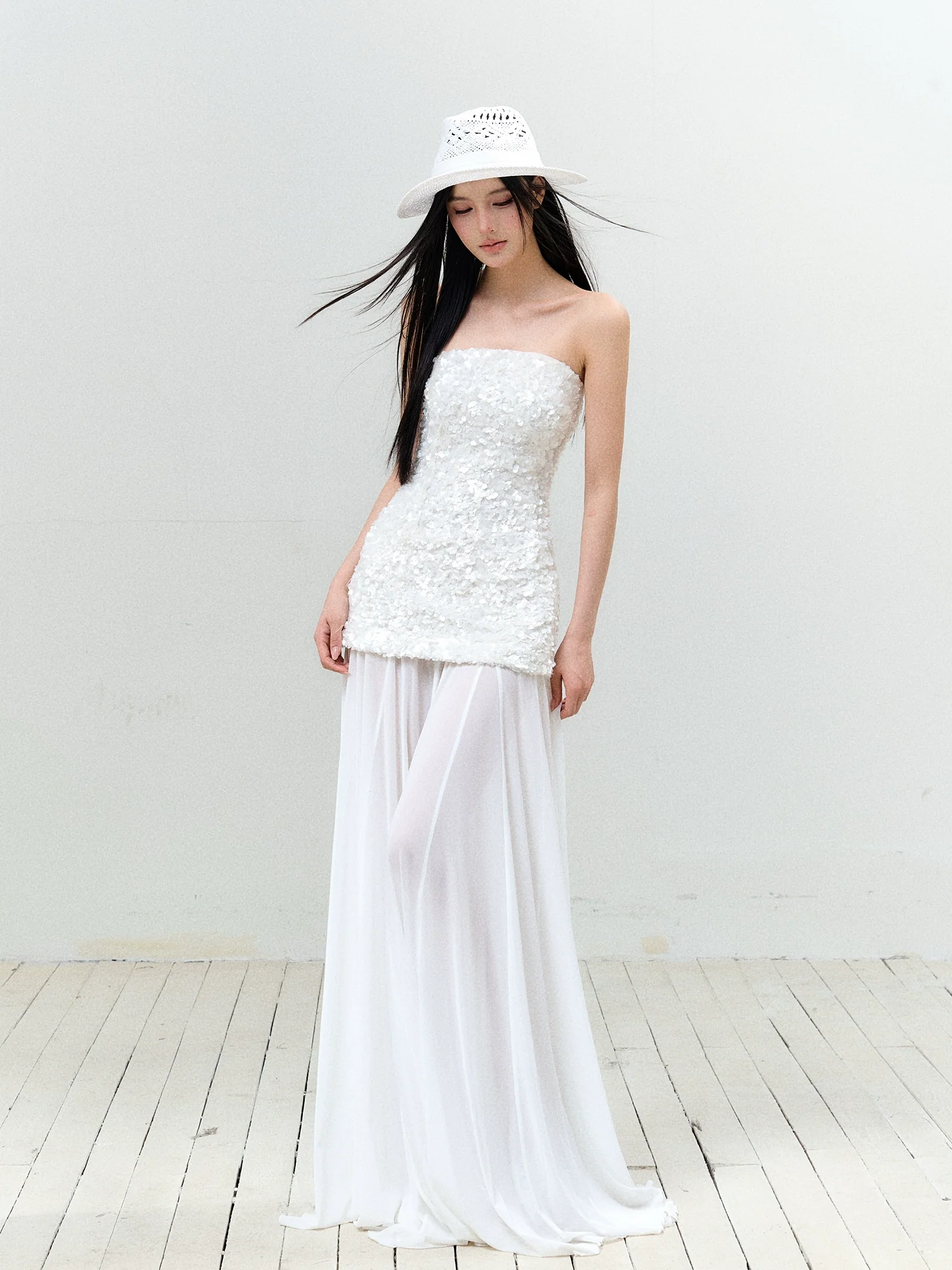 Sequin Mesh Strapless Dress