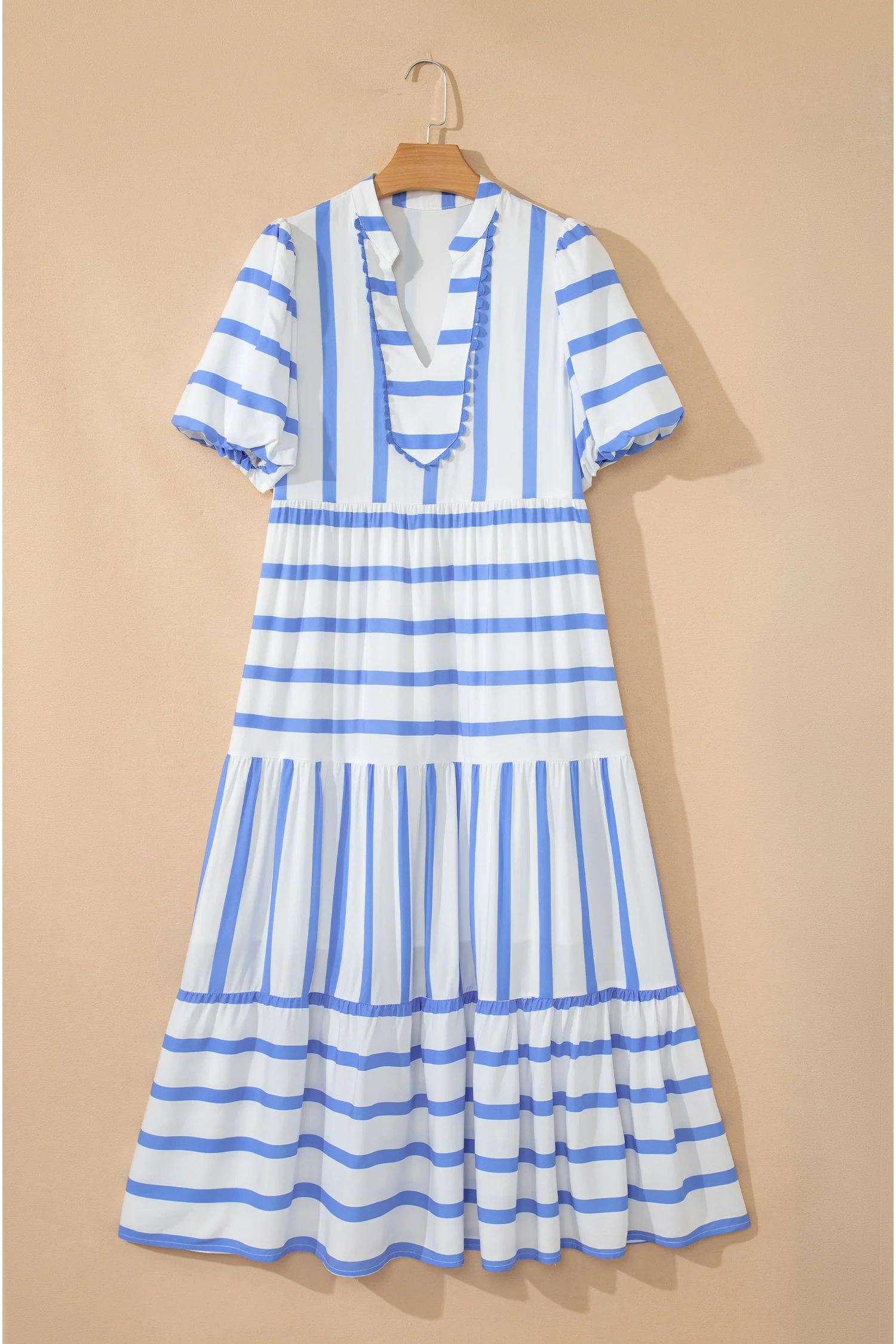 Ricrac Trim Notched Neck Half Sleeve Vacation Dress