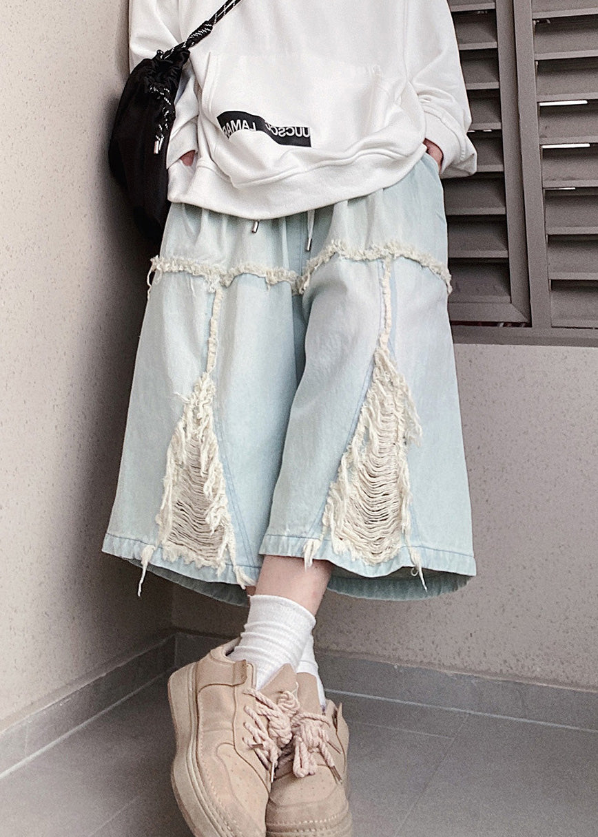Elastic Summer Waist Chic Denim Shorts Men Blue Hole