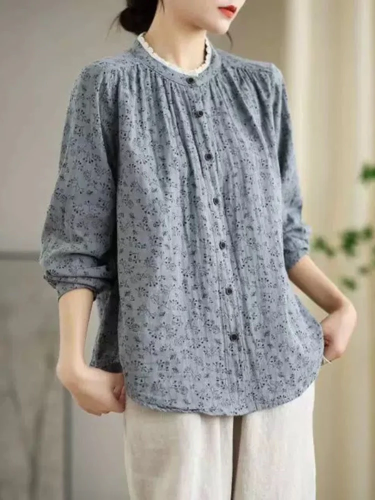 Women Spring Floral Loose Lace Long-Sleeved Cotton Shirt