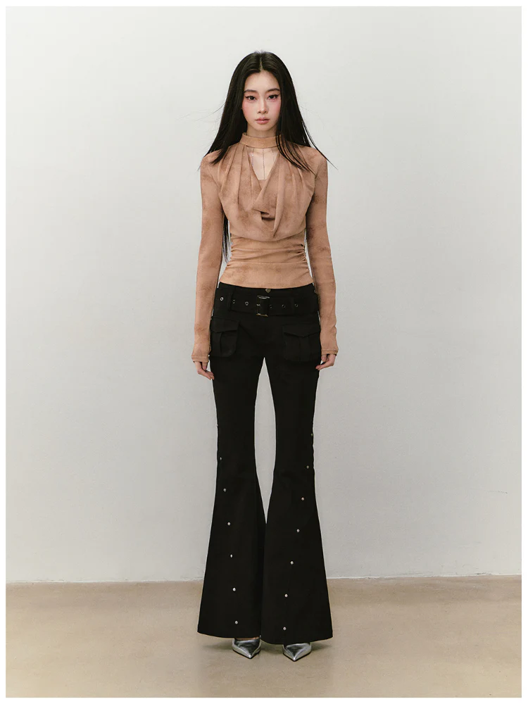 Chain Halter Draped Neck Fitted T-shirt