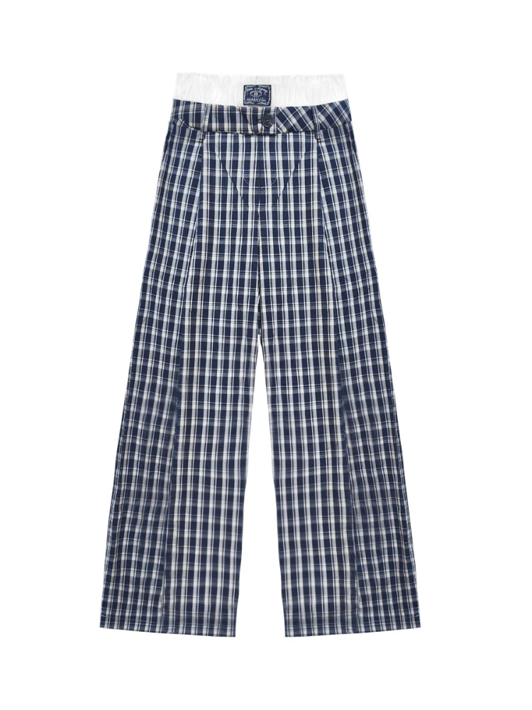 White Waistband Spliced Plaid Trousers