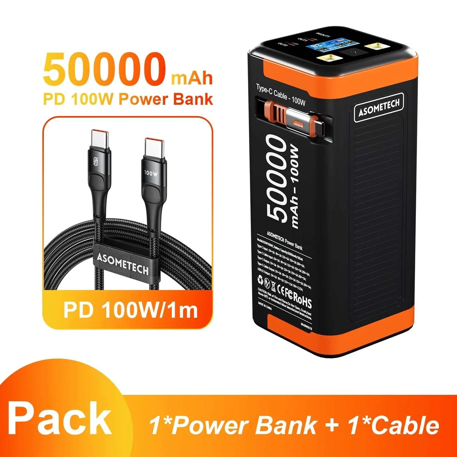 ASOMETECH 50000mAh 100W Fast Charging Power Bank with Retractable Type-C Cable