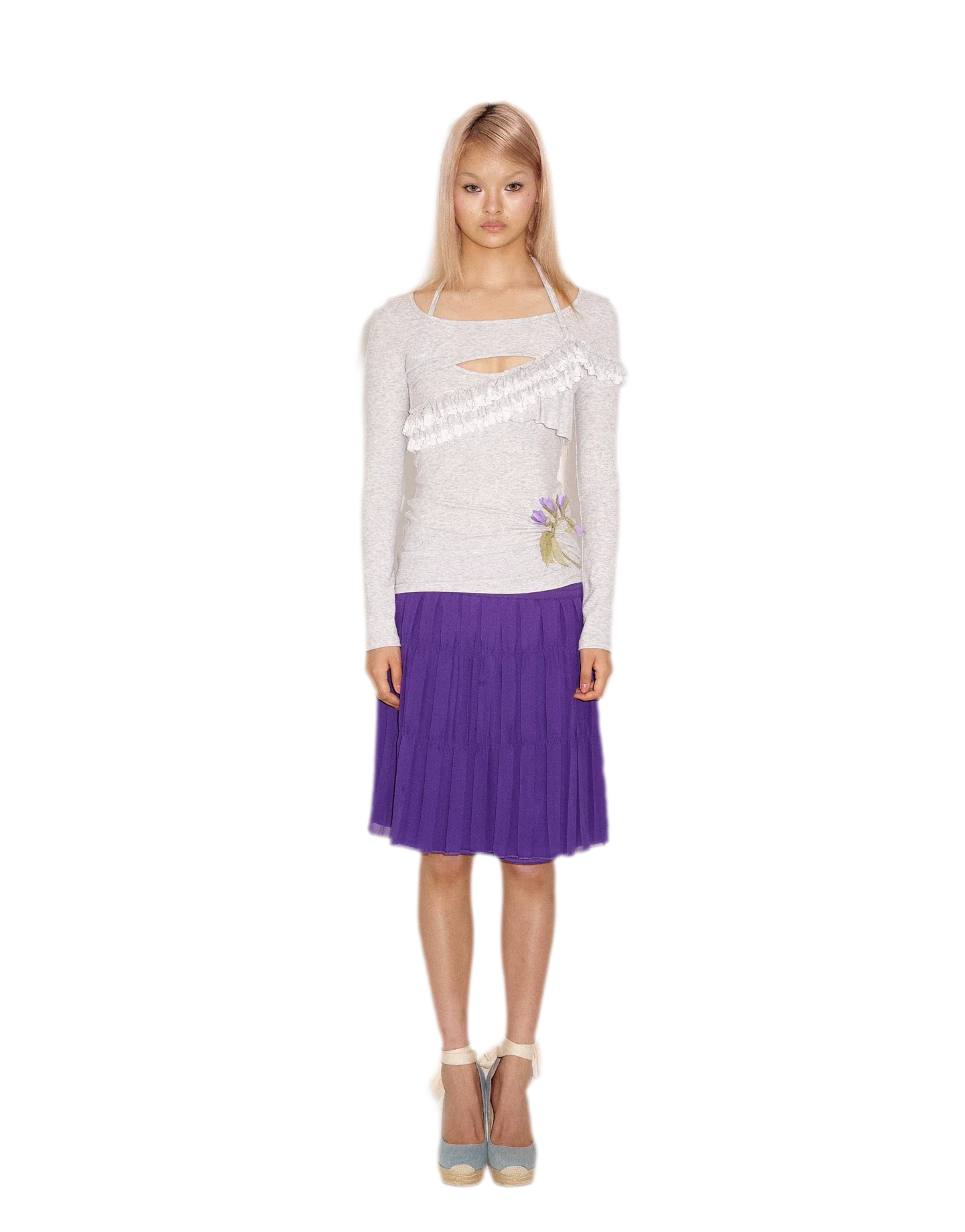 Lace Ruffle Fitted Long-Sleeve Top
