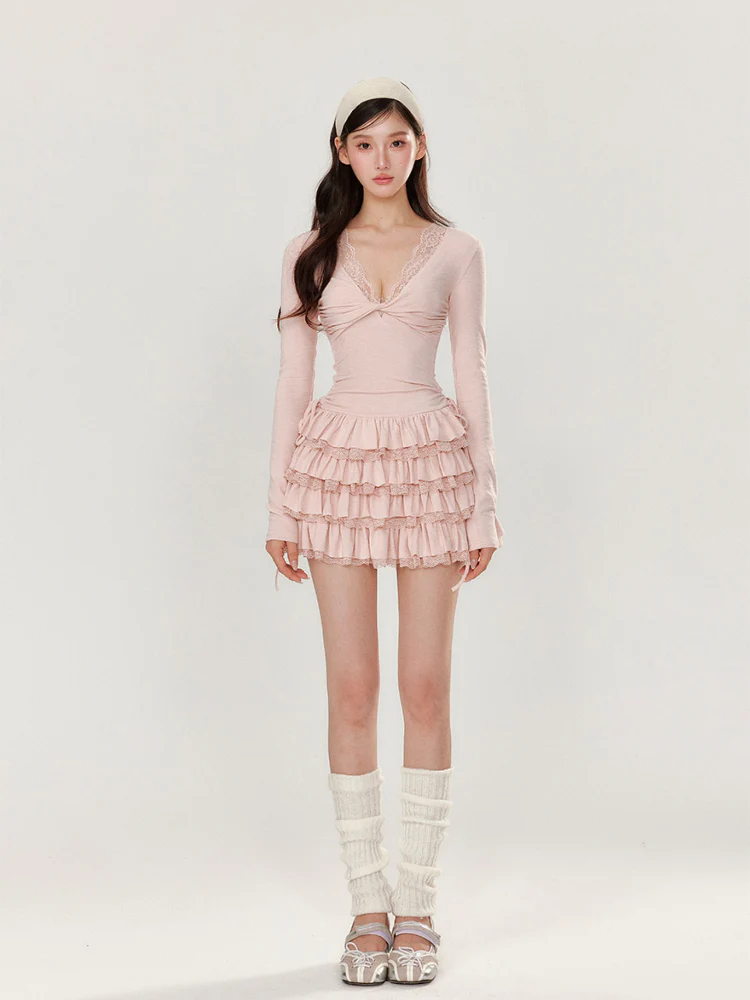 V-neck Long Sleeve Cake Dress