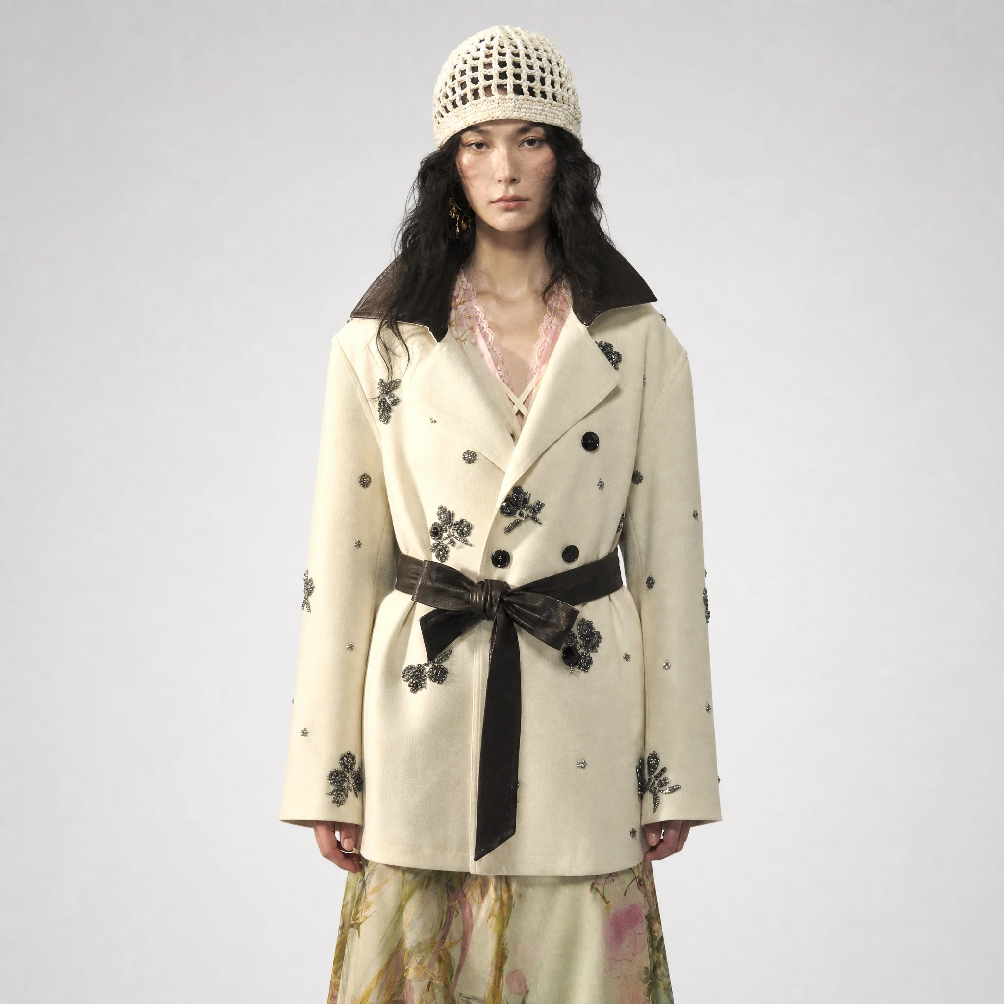 Beaded Embroidered Leather-Trim Trench Coat