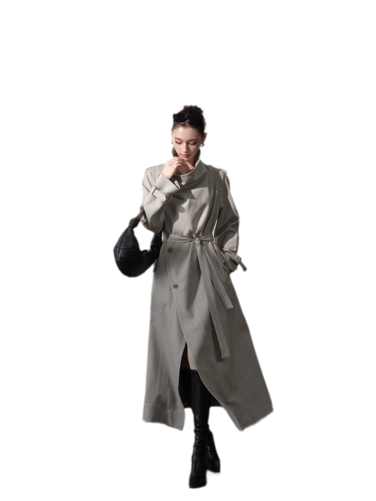 Silver-Thread Striped Long Trench Coat