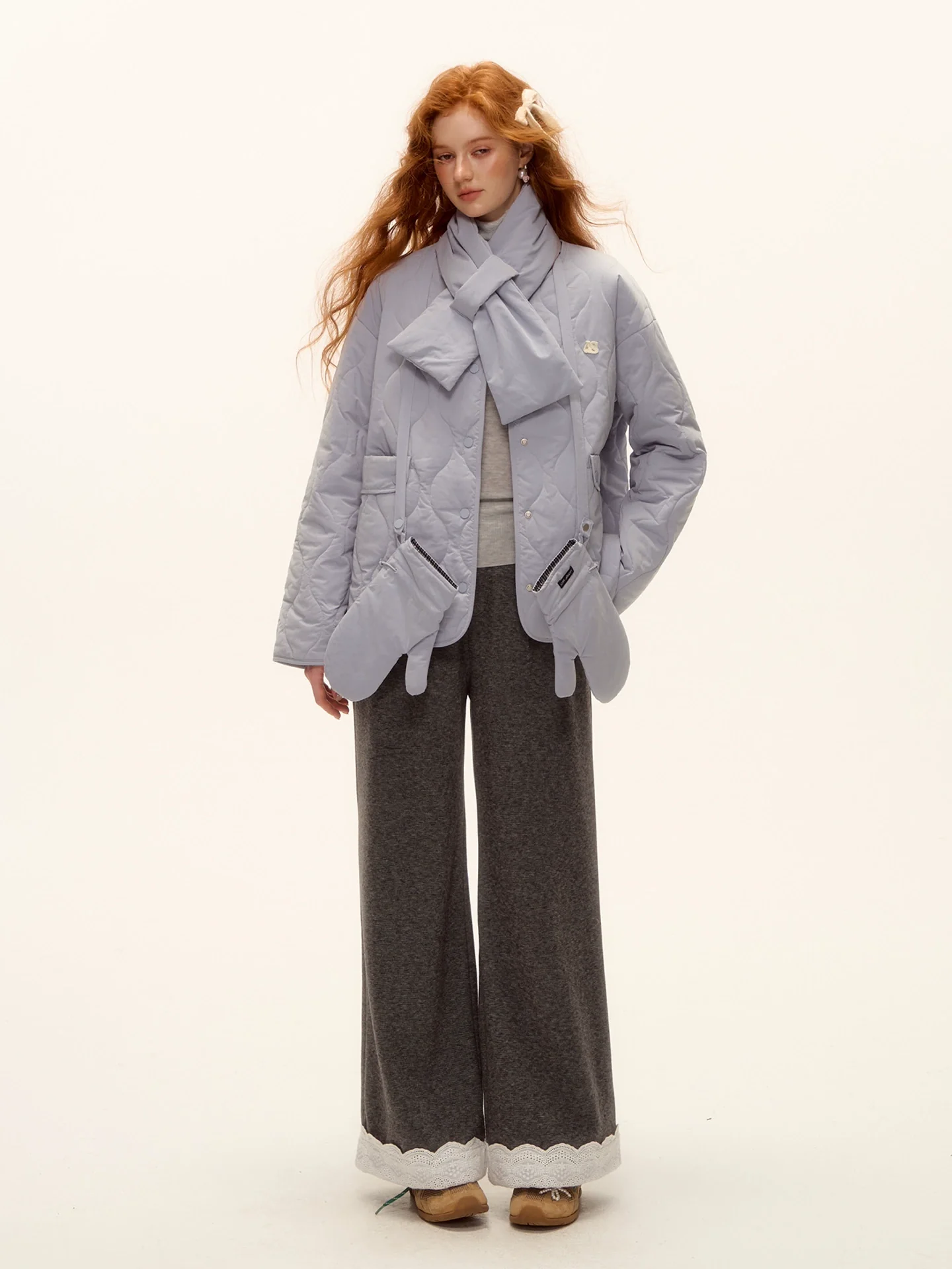 Embroidered Hem Wool Blend Wide-Leg Trousers