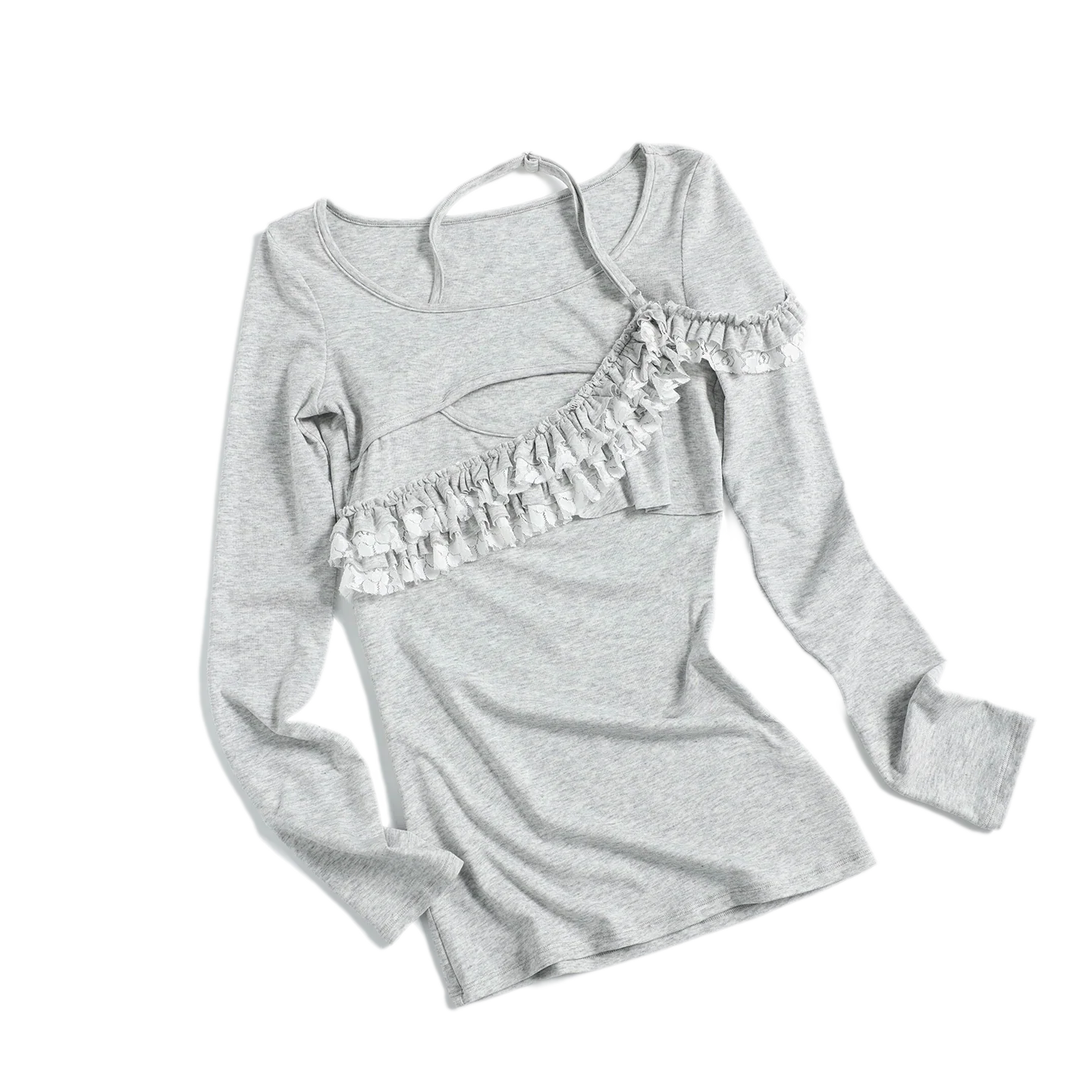 Lace Ruffle Fitted Long-Sleeve Top