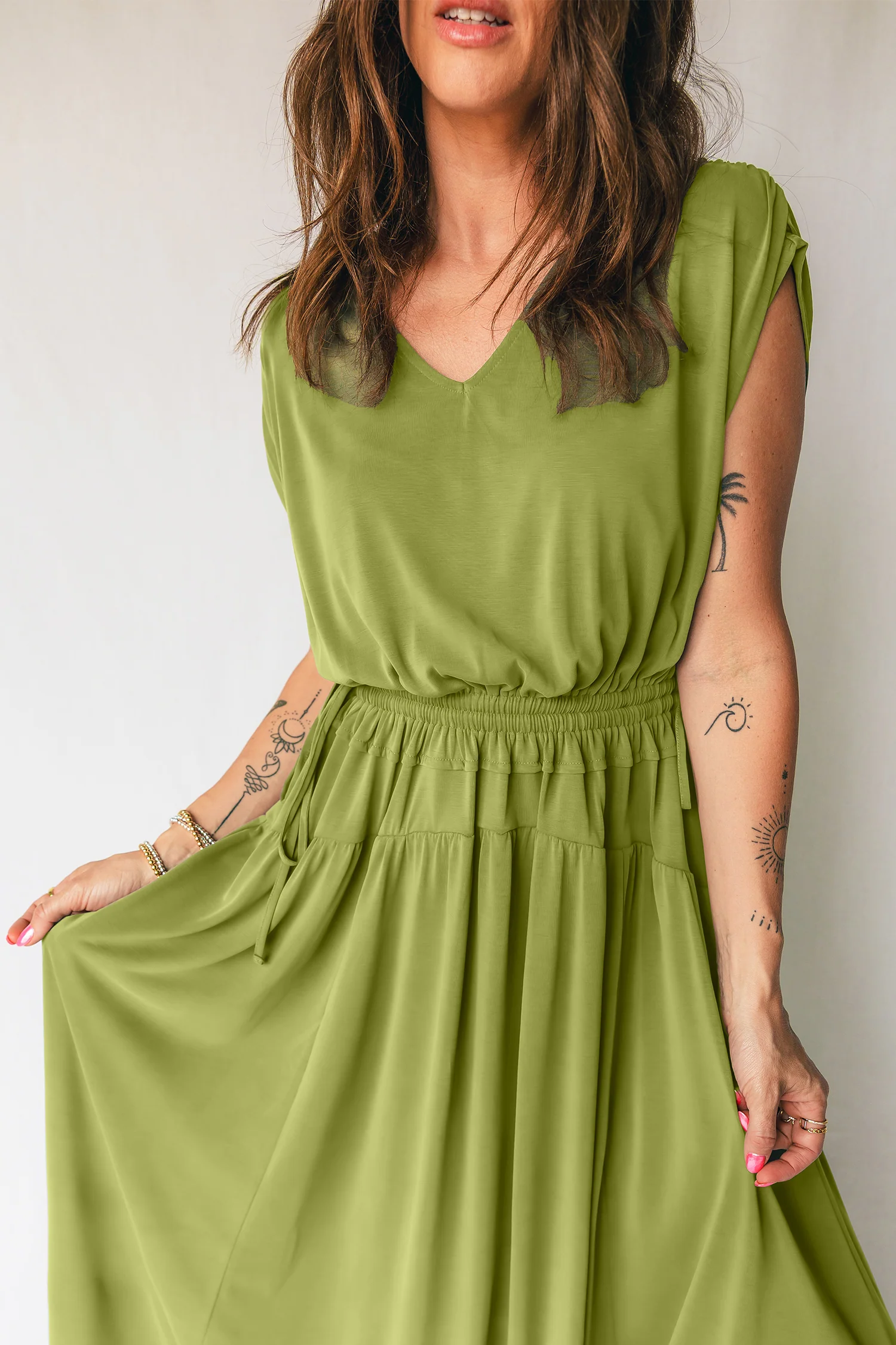 Solid V Neck Cap Sleeve Tunic Elastic Waist Versatile Maxi Dress