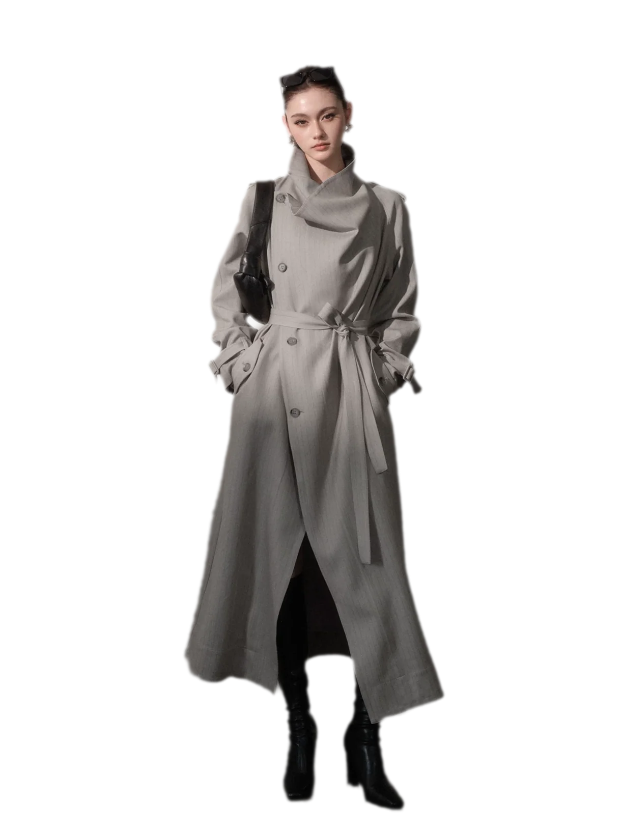Silver-Thread Striped Long Trench Coat