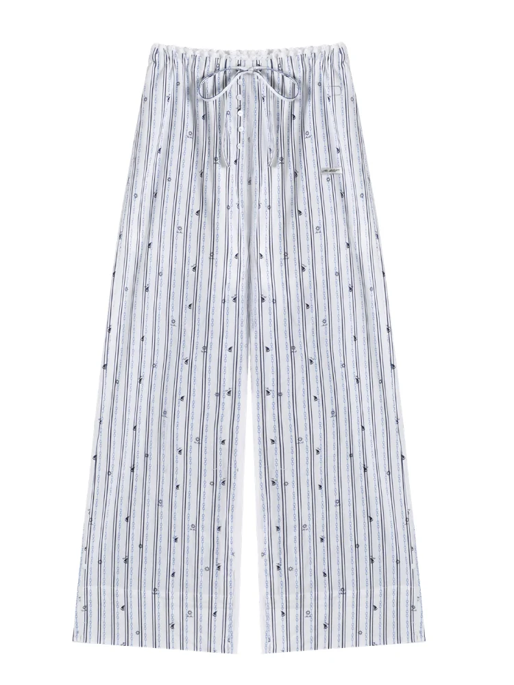 Striped Print Patchwork Embroidery Lace Straight Pants