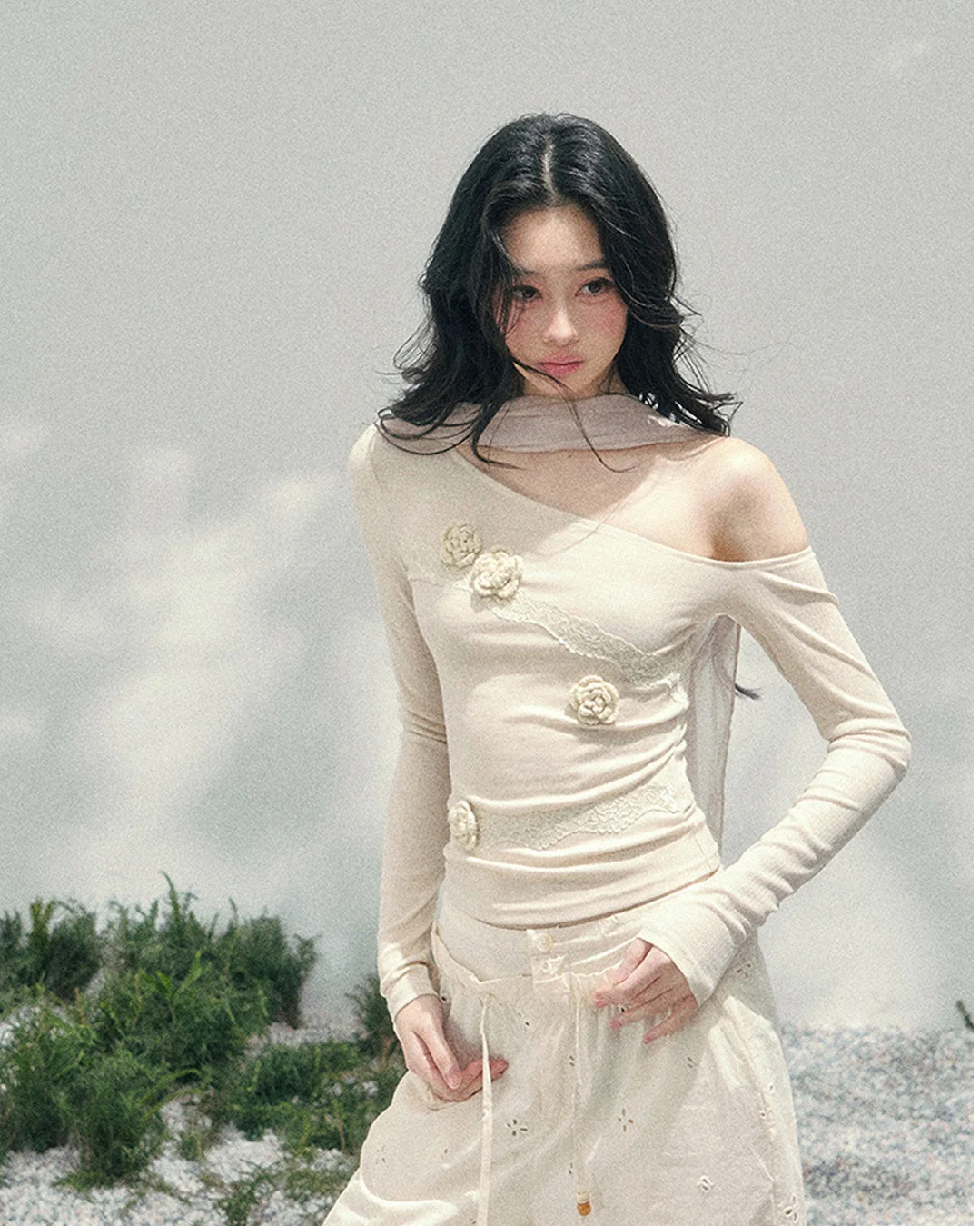 Coquette 3D Flower Asymmetric Lace Top
