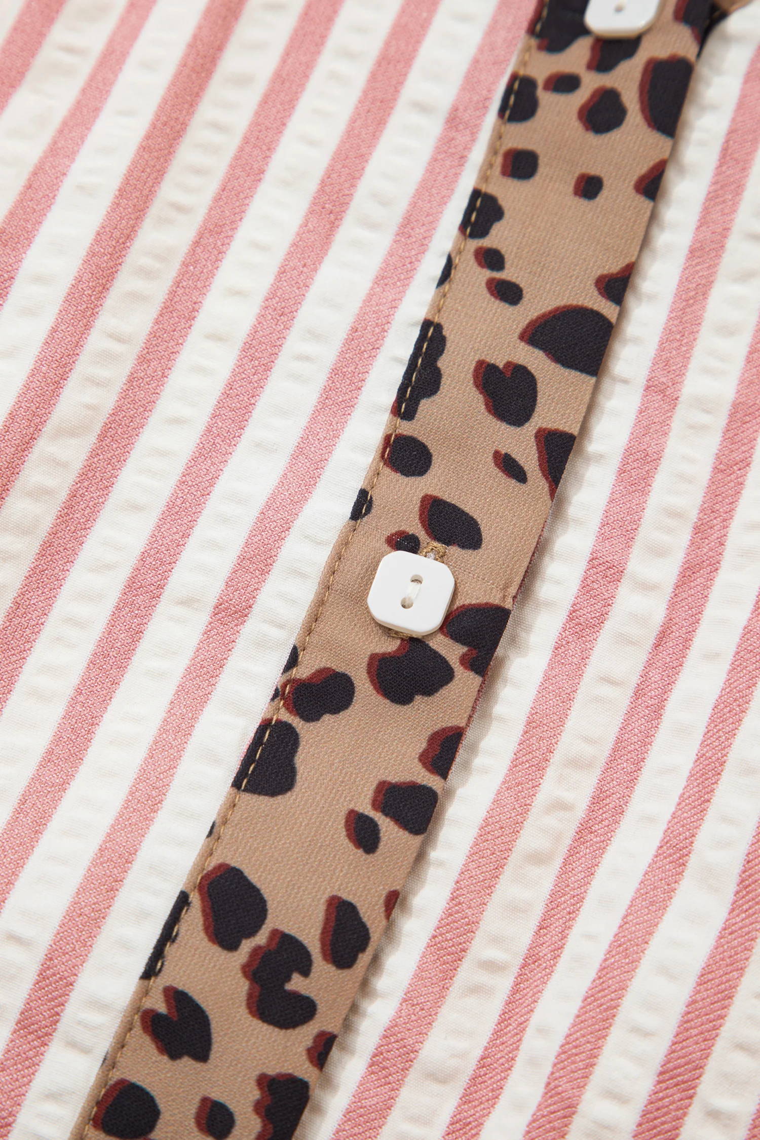 Pink Stripe Square Button Leopard Trim Loose Bracelet Sleeve Shirt Dress