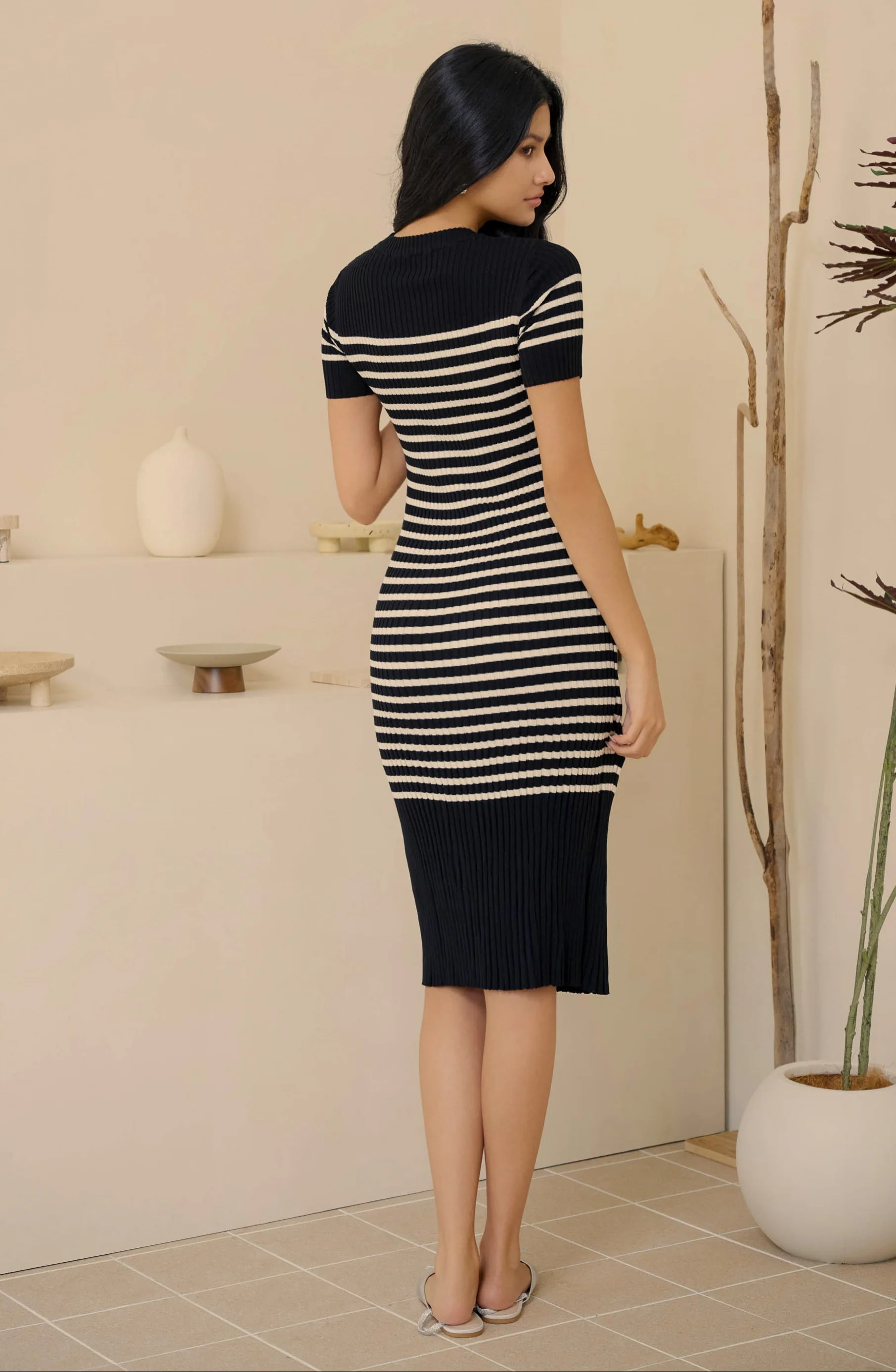 New women stripe knit dress in black