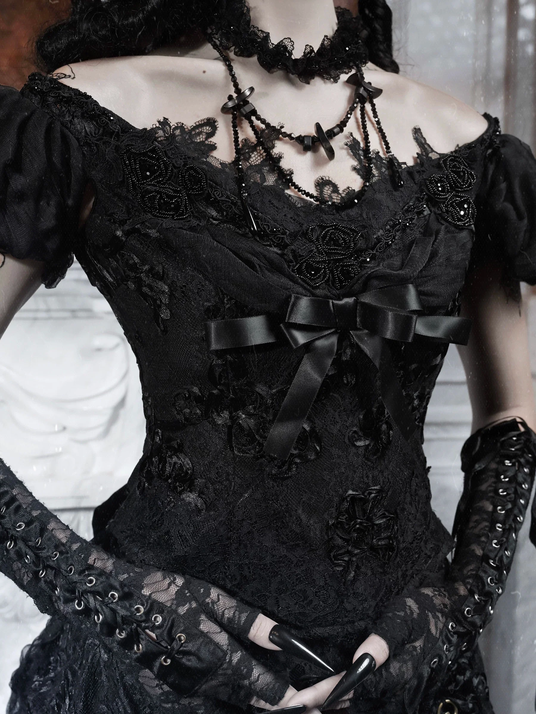 Beaded One-Shoulder Lace Top