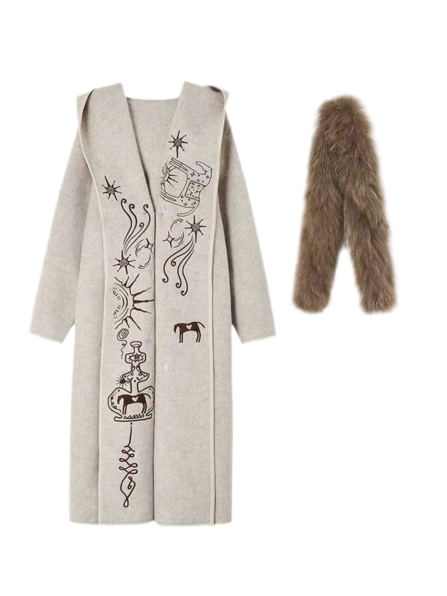 Embroidered Hooded Wool Coat
