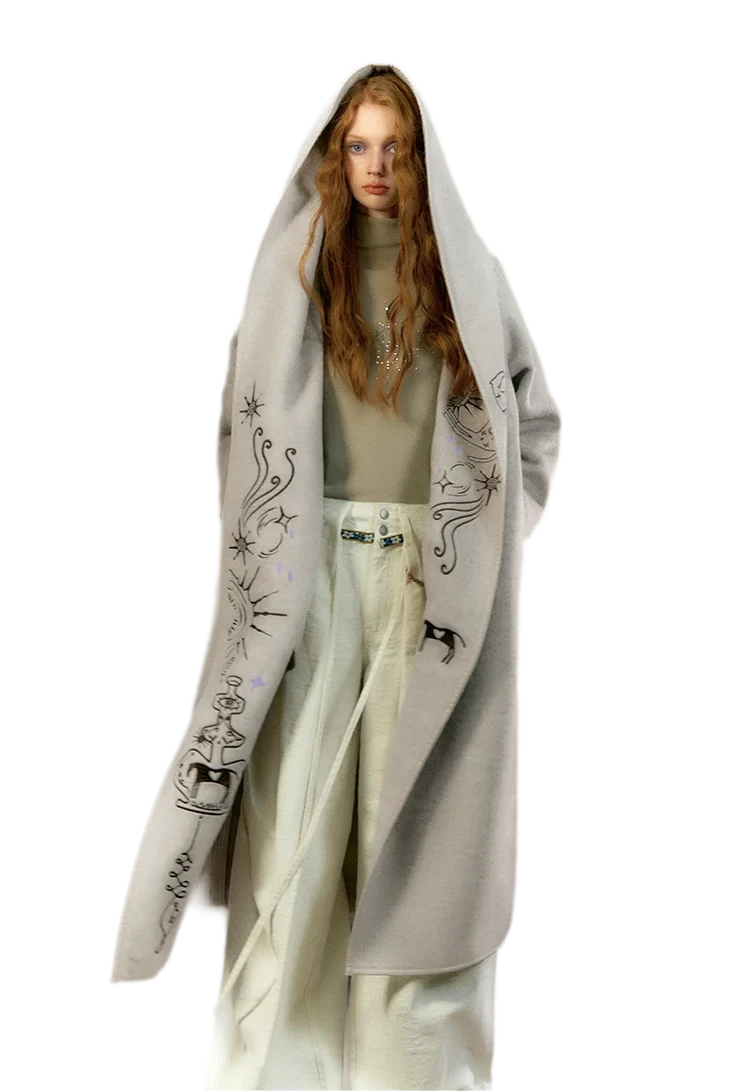 Embroidered Hooded Wool Coat