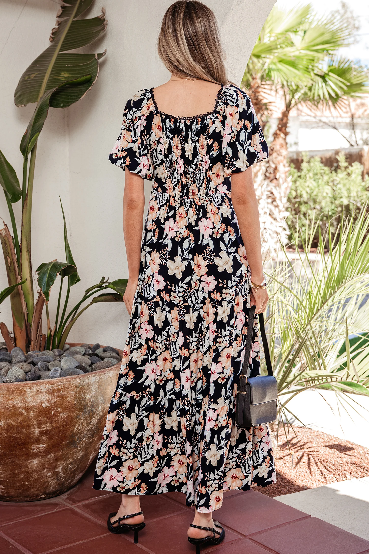 Short Sleeve Smocked Detail High Waist Floral Maxi Dress