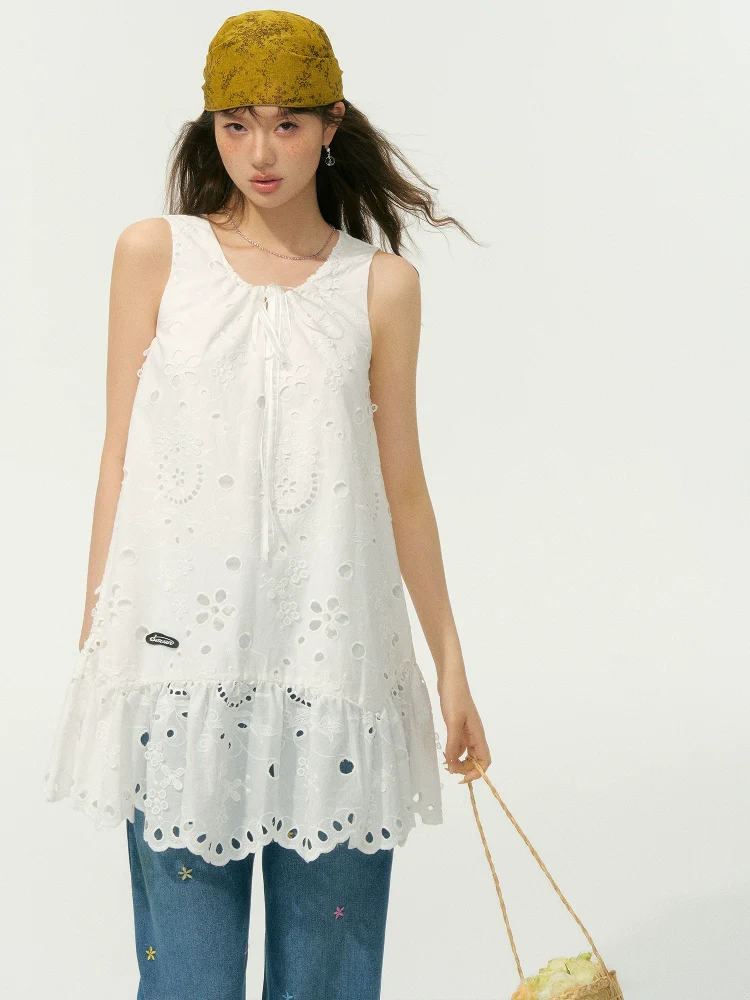 White 3D Embroidered Sleeveless Dress