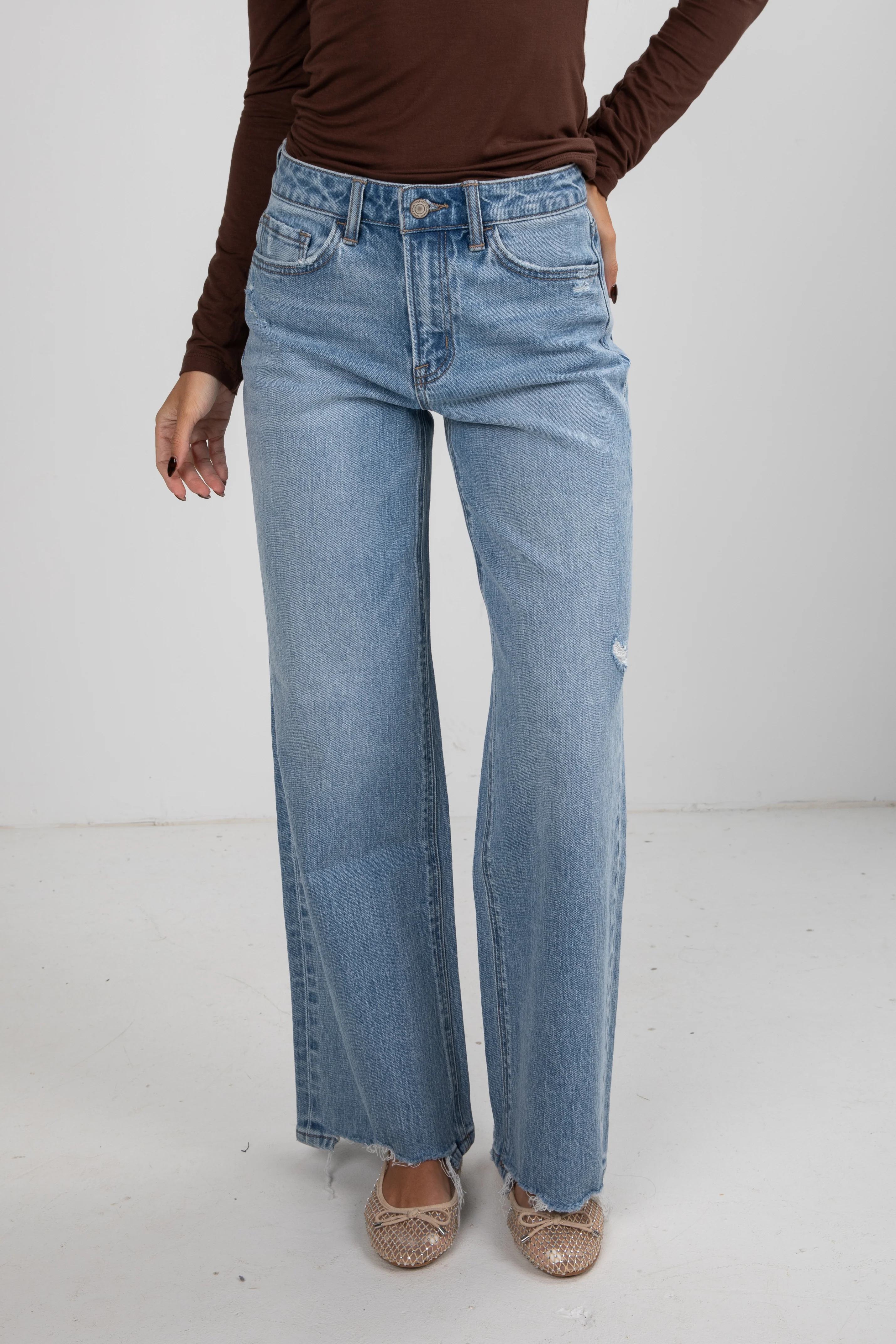 Light Wash High-Rise Distressed Wide Leg Jeans