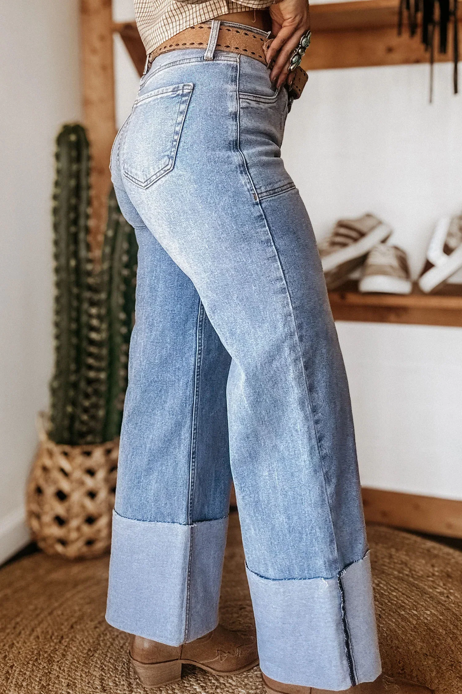 Fashion Beau Blue Turn-up Cuffs Womens Loose Jeans