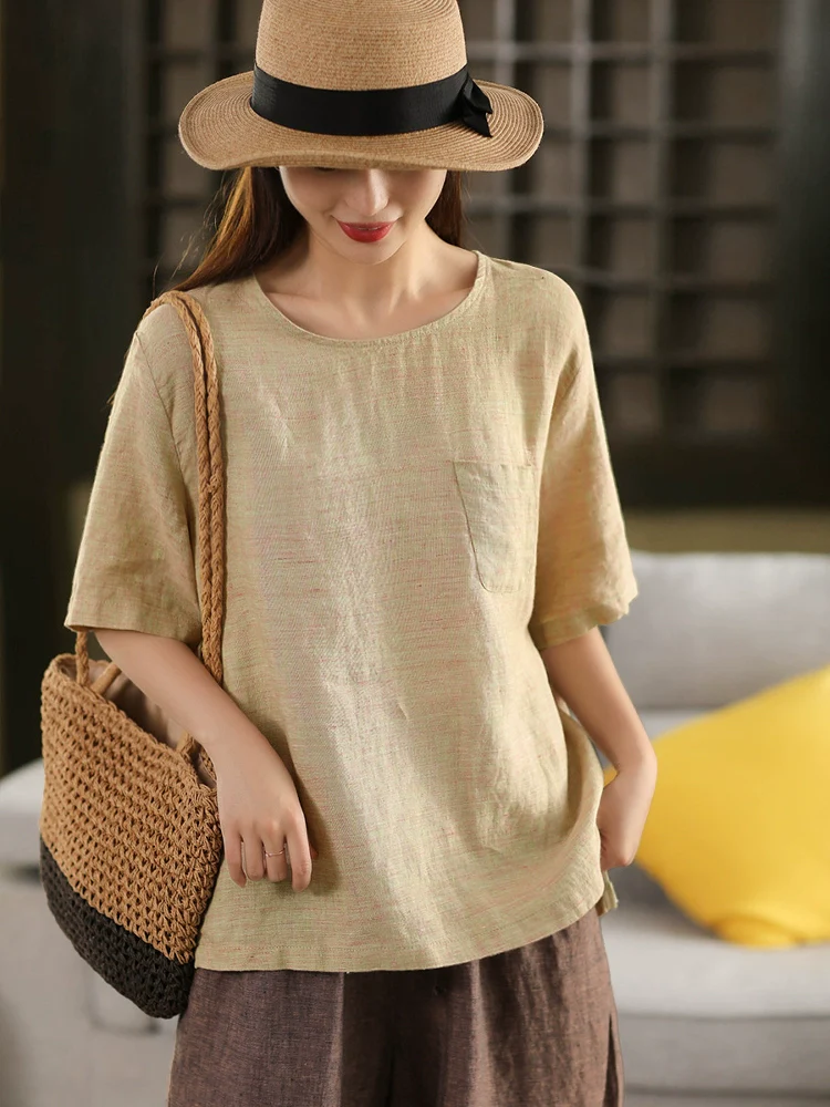 Women Vintage Casual Linen Loose Fit Short Sleeve Pullover Shirt