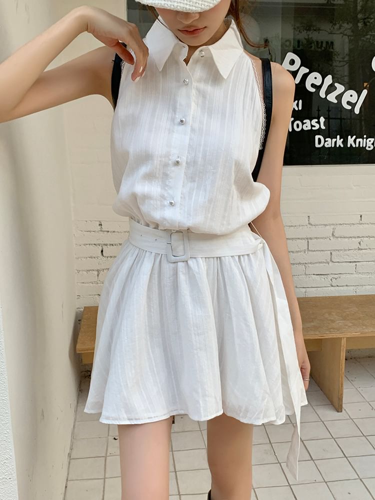 Mini Belted Collared A-Line Dress Sleeveless Striped