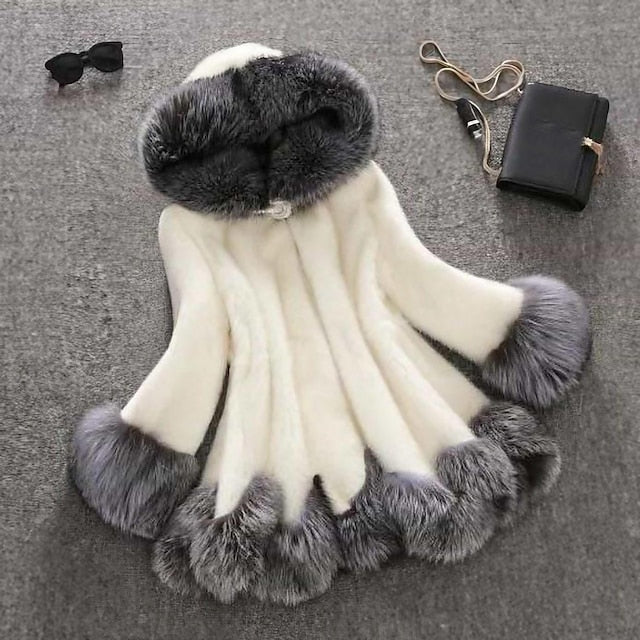 Jacket Coat Long Women's Black Sherpa Faux White Fur