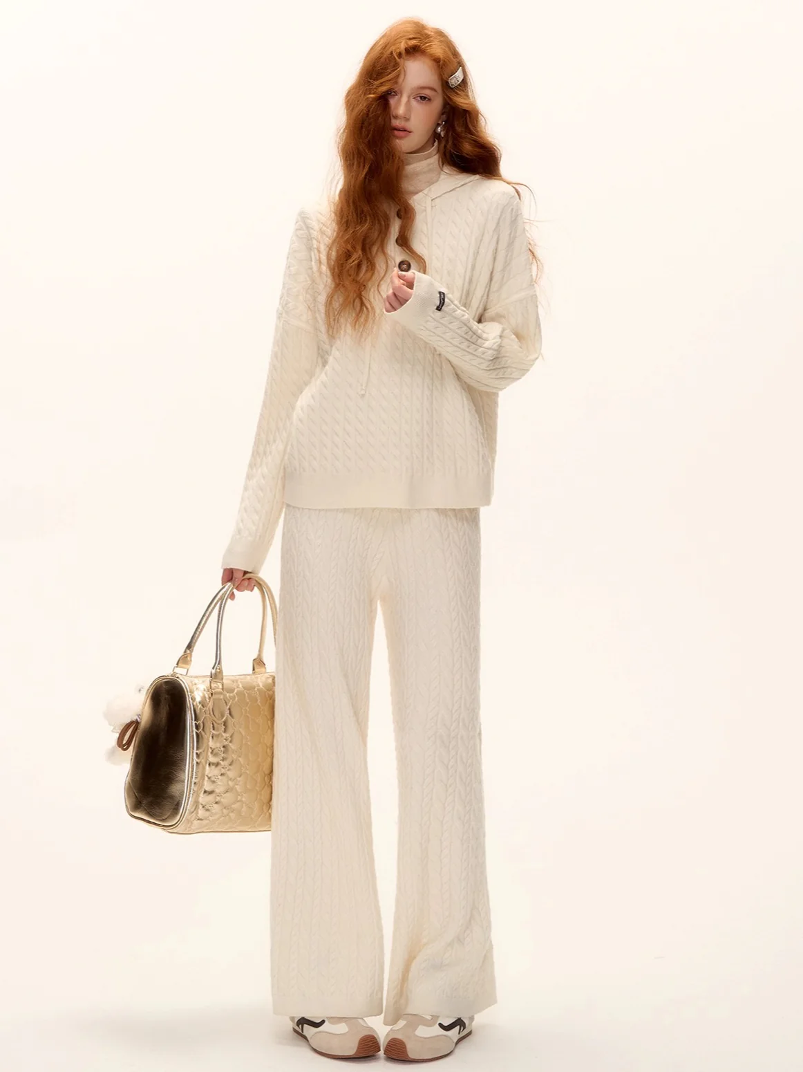 Wool Blend Cable Knit Hoodie & Wide-Leg Pants Set