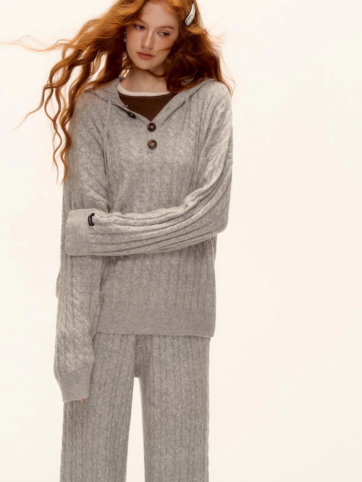 Wool Blend Cable Knit Hoodie & Wide-Leg Pants Set