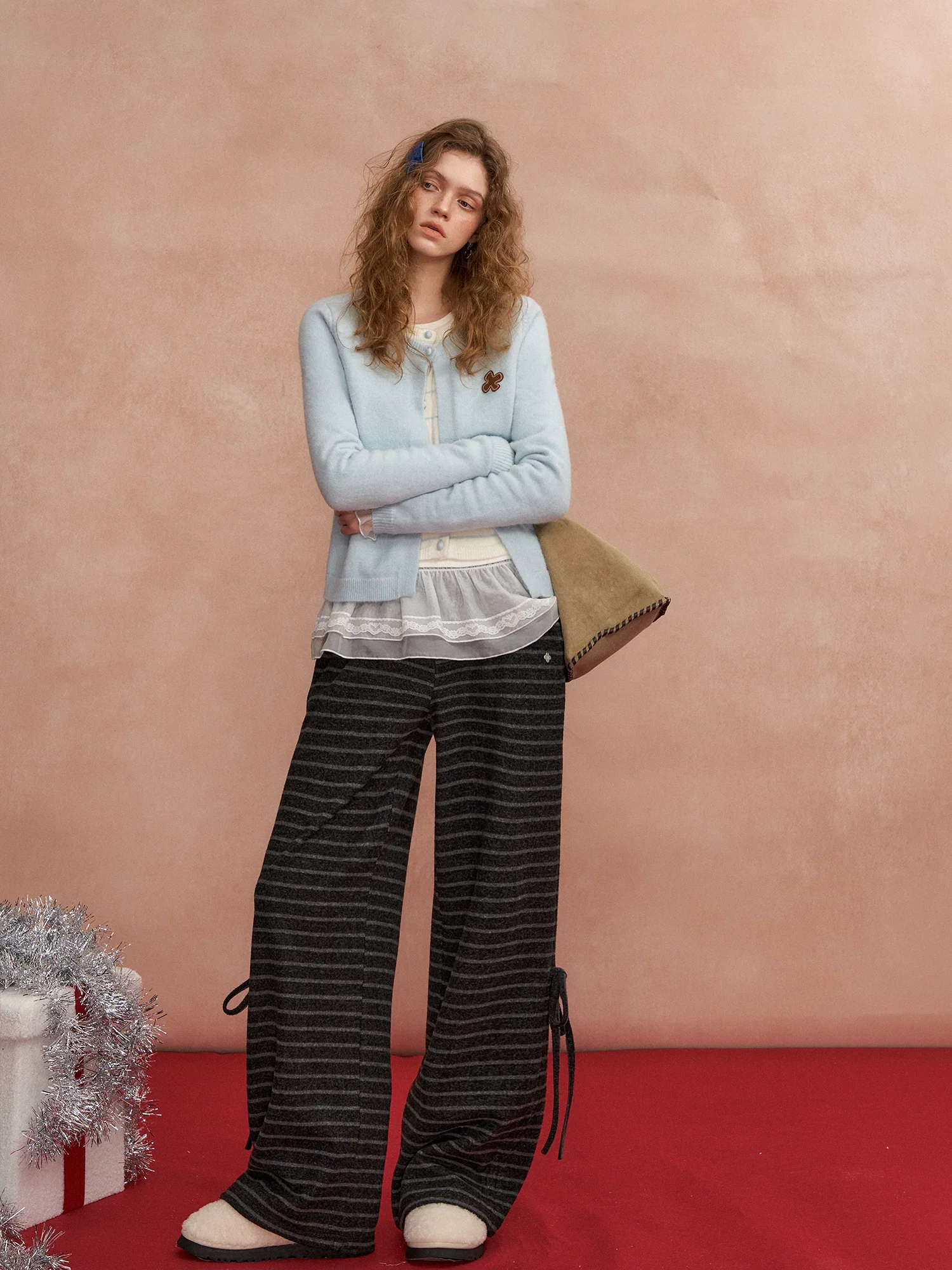 Bow-Tie Drawstring Striped Tweed Pants
