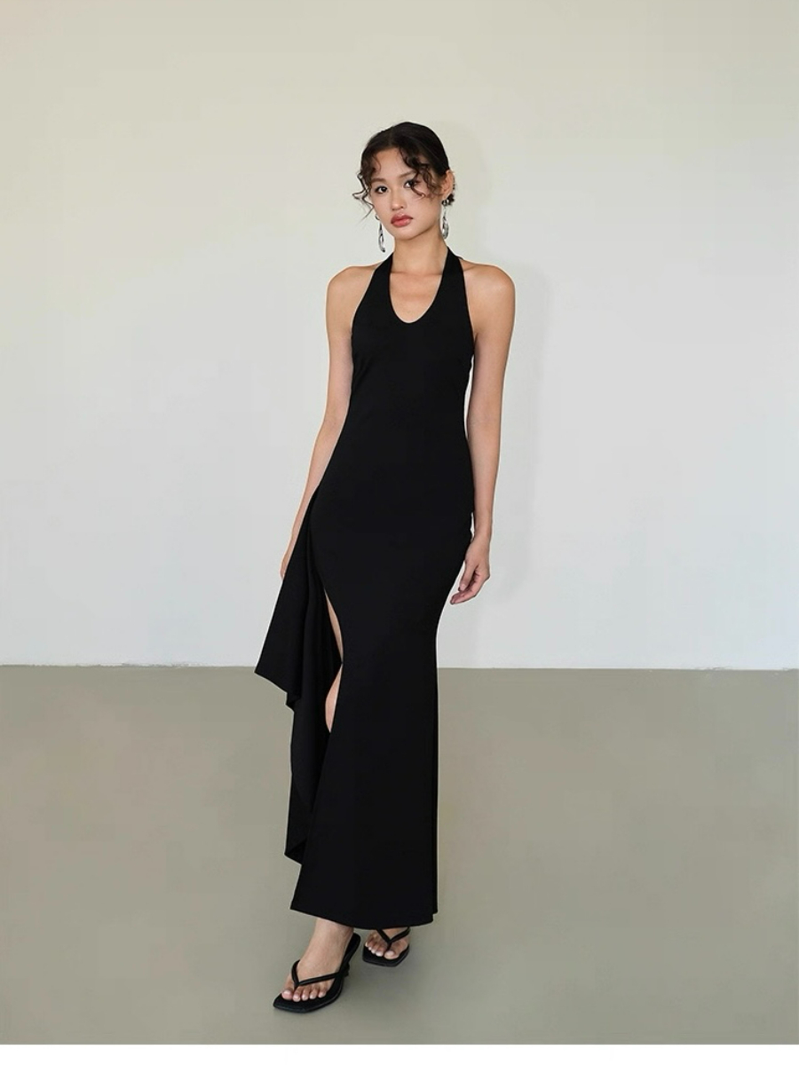 Alicia V-Neck High Slit Halter Tie Knit Dress