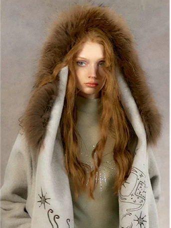 Embroidered Hooded Wool Coat