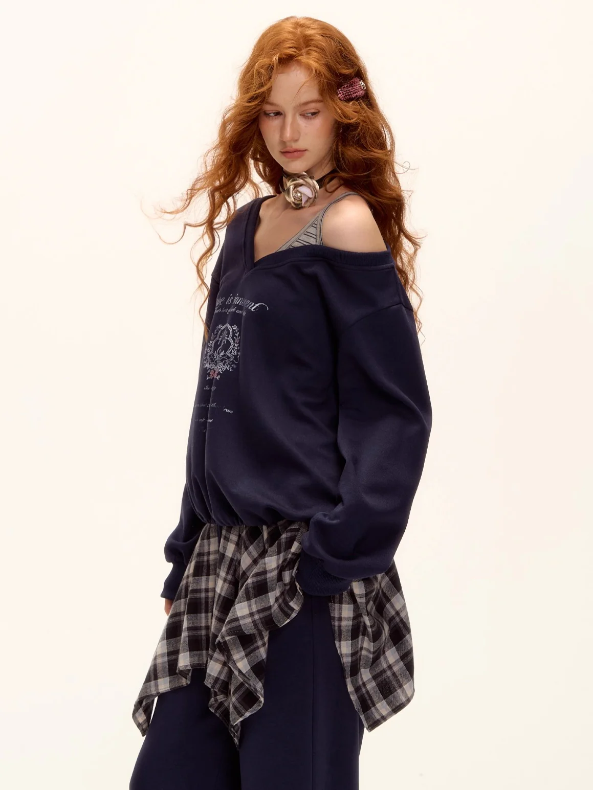Asymmetric Shoulder Striped Fleece Tracksuit Set
