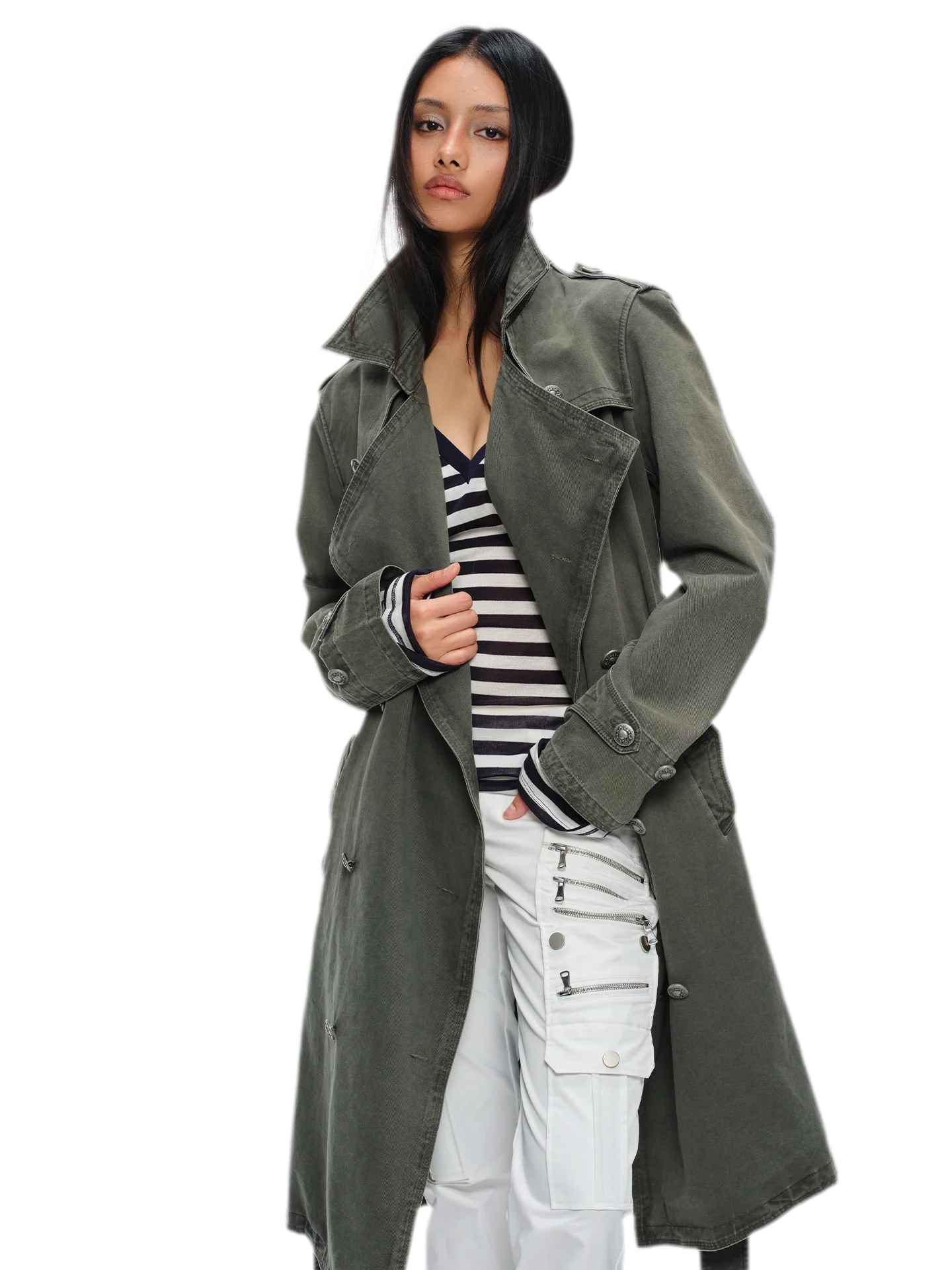 Washed Military Green Trench Coat