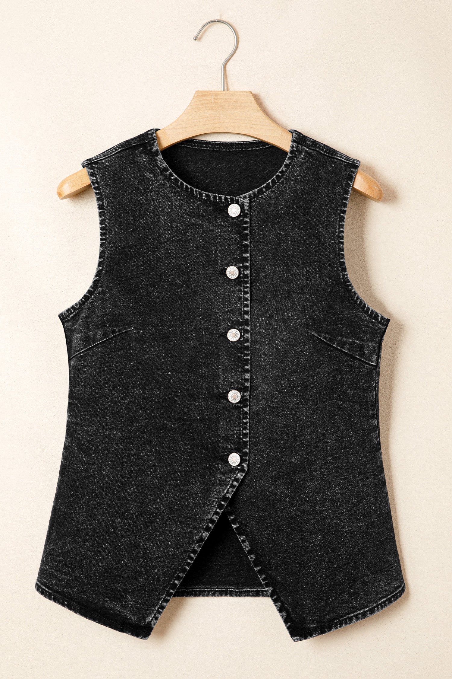 Black Buttoned Front Slit Denim Vest