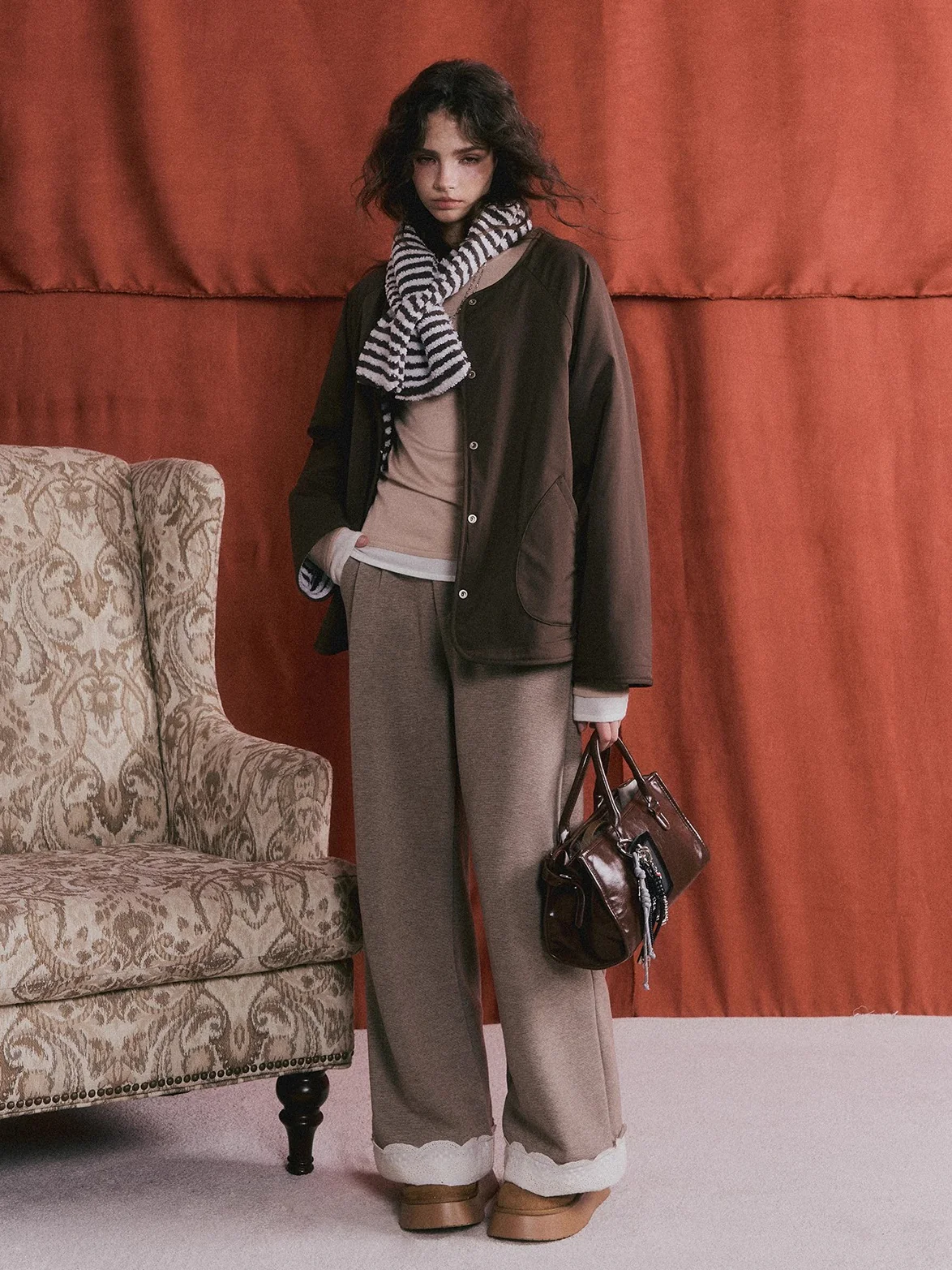Embroidered Hem Wool Blend Wide-Leg Trousers