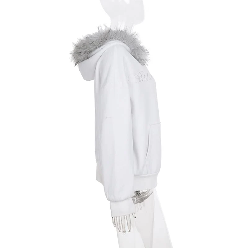 Fluffy Hooded Lettering Embroidered Zip Jacket