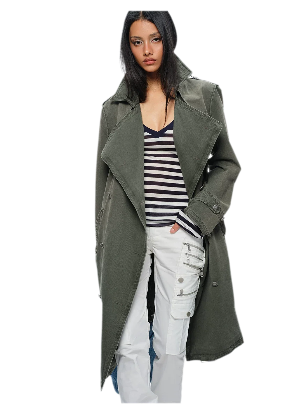 Washed Military Green Trench Coat