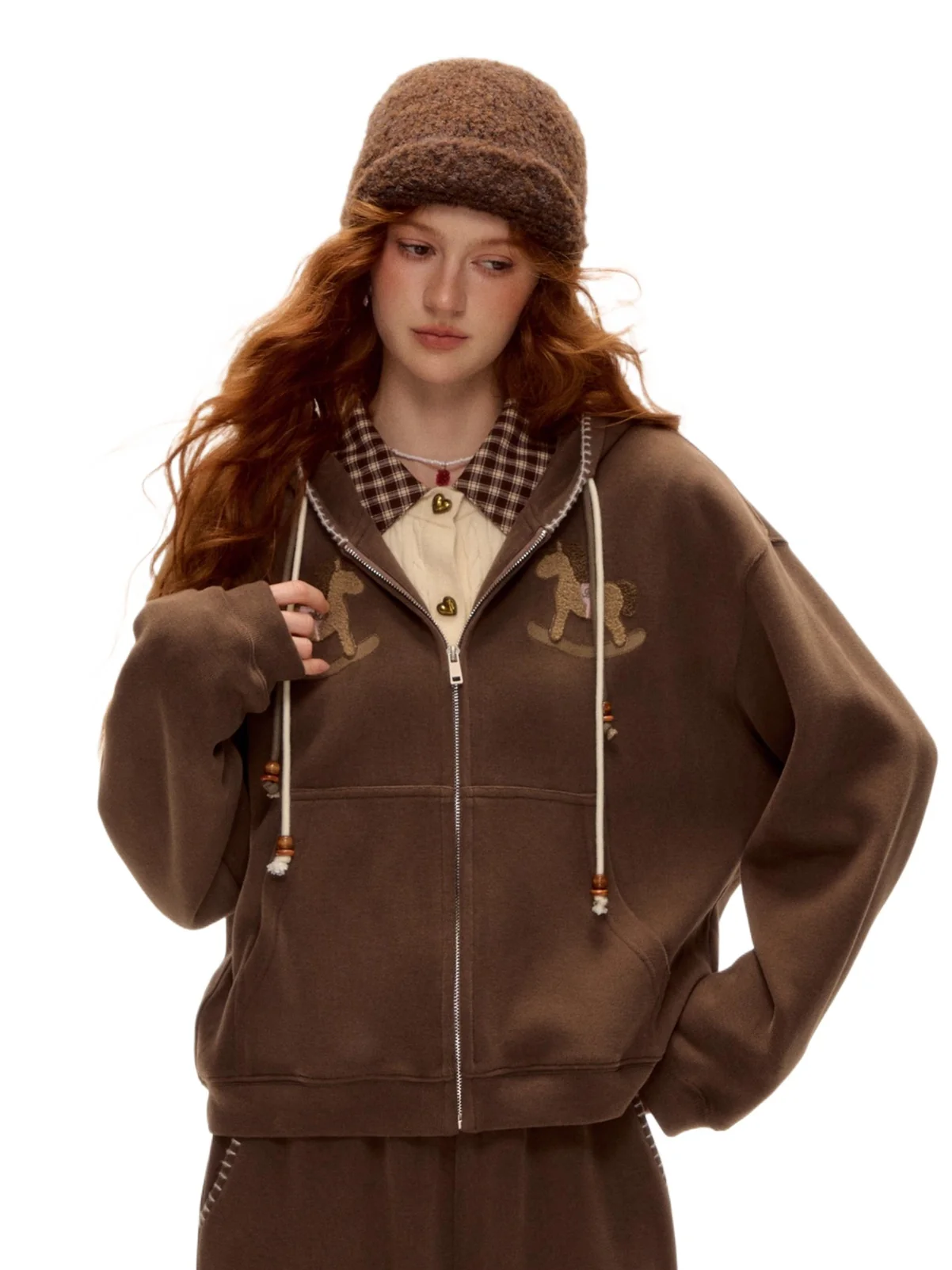 Embroidered Horse Beaded Zip-up Hoodie & Pants Set
