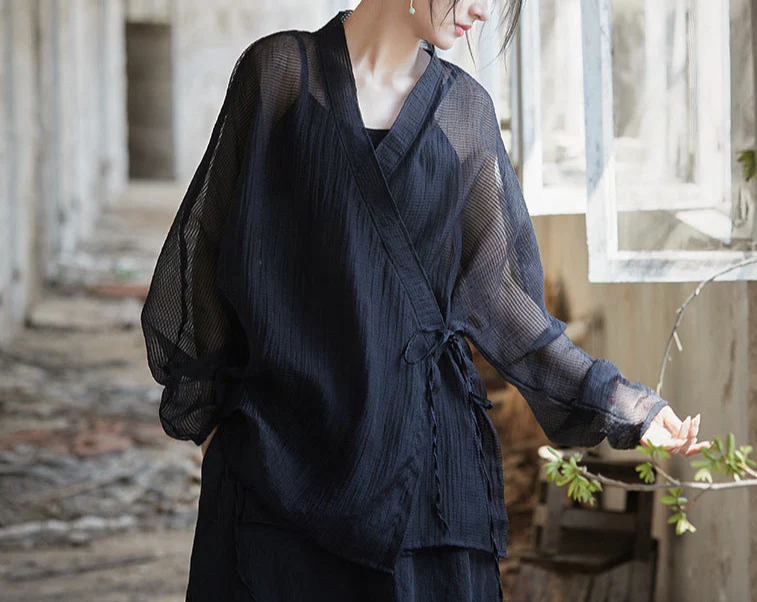 Women Long Sleeves Side Tie Sheer Wrap Soft Tencel Blouses