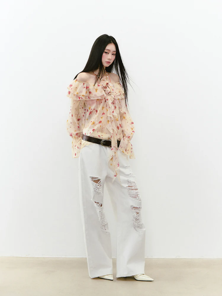 White Rhinestones Ripped Jeans