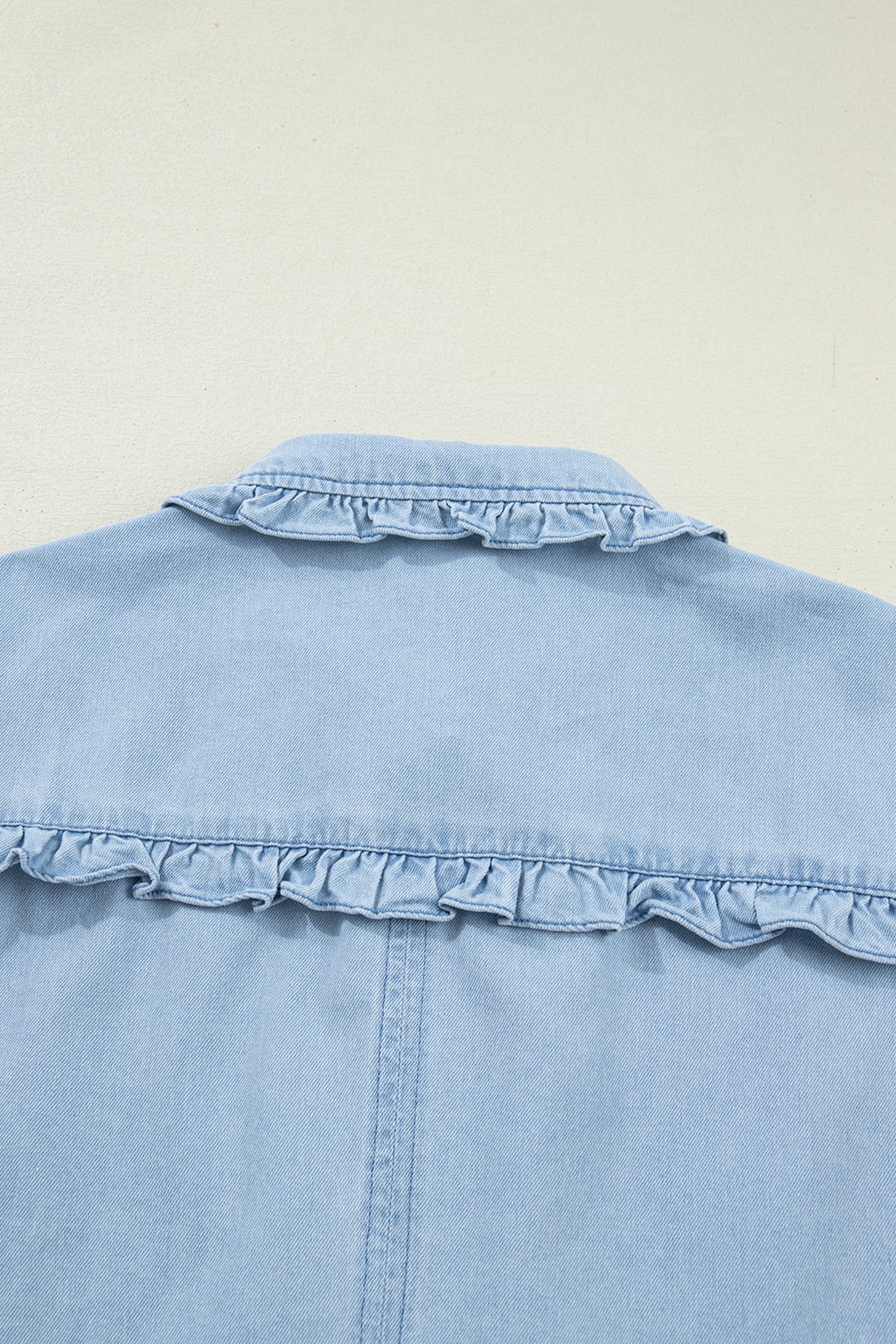 Chic Beau Blue Ruffled Edge Collared Shift Denim Dress with Pockets