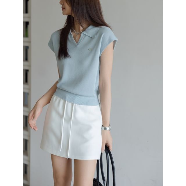 Plain Knit Top Collared Crop V-Neck Cap-Sleeve
