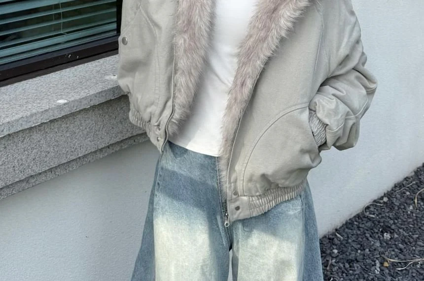 Faux Fur Lining Hood Panel Zip Jacket