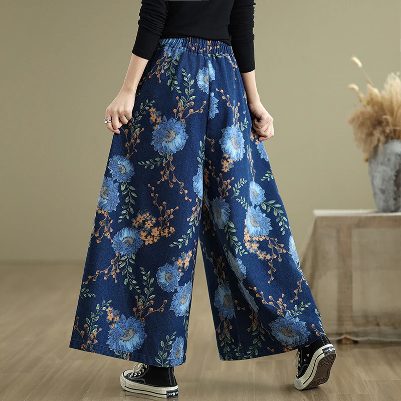 Women Spring Vintage Denim Printed Floral Wide-Leg Pants