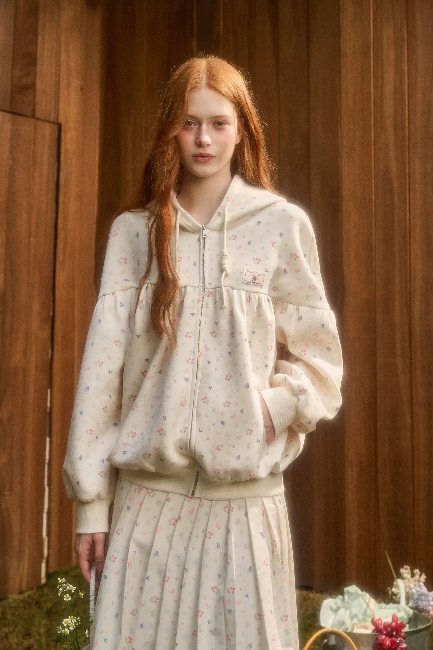 Printed Hooded Sweatshirt Pleated Skirt